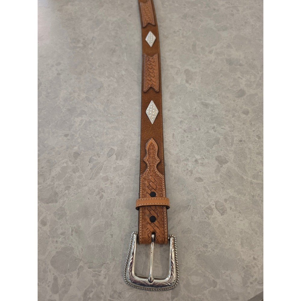 Nocona Belt Co Mens 38 Tan Leather Western Basketweave Silver Concho Belt K635